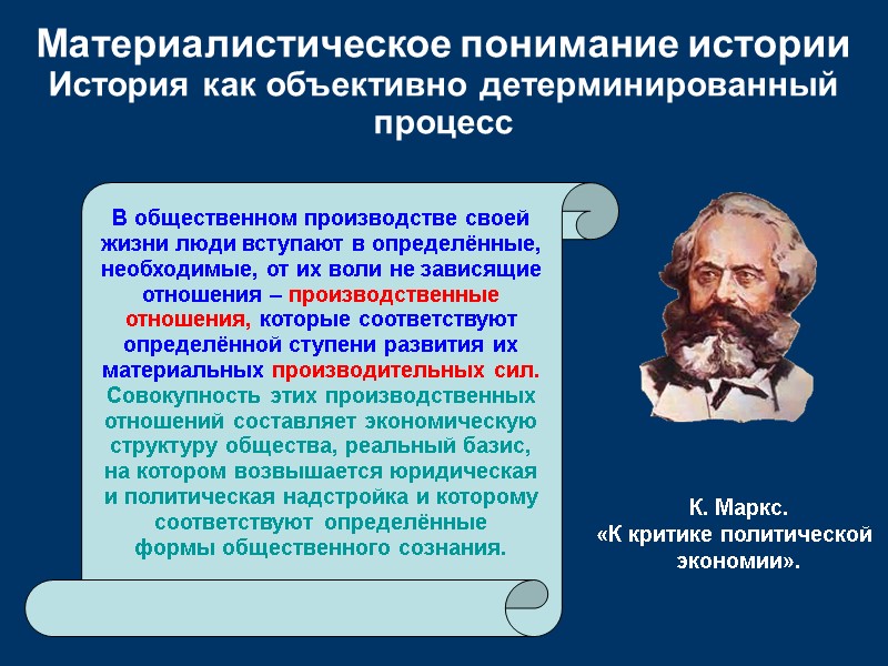 В общественном производстве своей жизни люди вступают в определённые, необходимые, от их воли не
